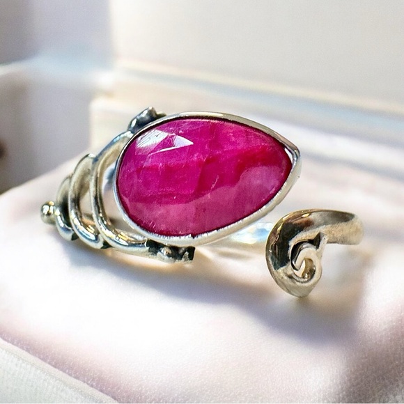 SOLD Raw Faceted Ruby Sterling Silver Bypass Ring (9-10) - Picture 2 of 7